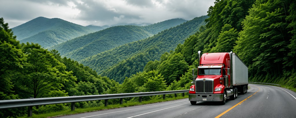 Red semi-truck with trailer on a mountain highway