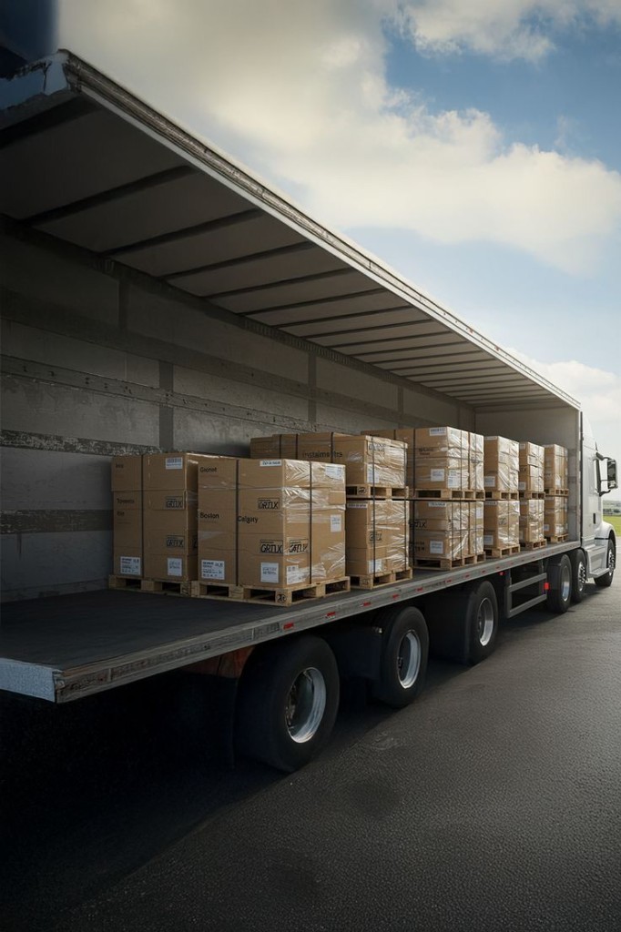 Flatbed trailer loaded with shrink-wrapped pallets of boxes