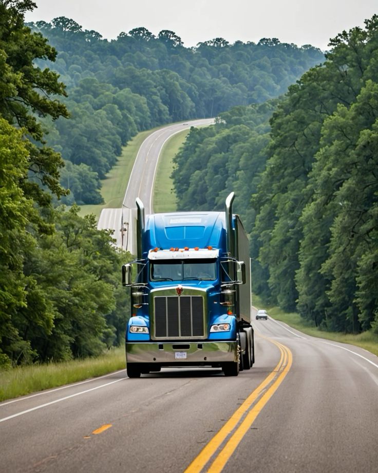 Blue semi truck with dry van on a winding highway through green hills